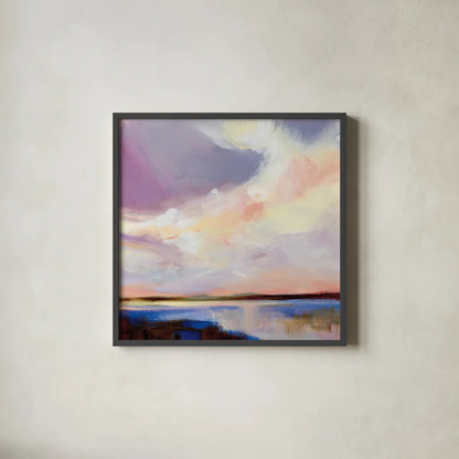 Sunset on Gull Lake by Katrina Pete. Shown in a sleek black glass frame for a contemporary gallery look. Available as an archival giclee rolled canvas, fine art paper, or poster print. SKU 92799a.