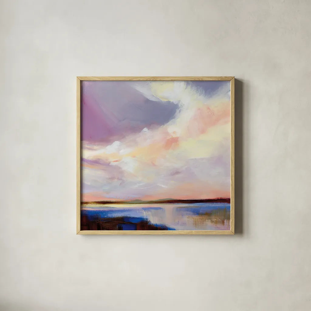 Sunset on Gull Lake by Katrina Pete. Shown in a natural wood glass frame for a timeless modern aesthetic. Available as an archival giclee rolled canvas, fine art paper, or poster print. SKU 92799a.