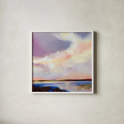 Sunset on Gull Lake by Katrina Pete. Shown in a crisp white glass frame for a clean and minimalist style. Available as an archival giclee rolled canvas, fine art paper, or poster print. SKU 92799a.