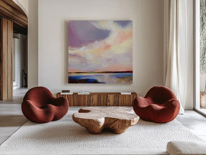 Sunset on Gull Lake by Katrina Pete. Shown as extra-large giant wall art in a modern living room. Available as an archival giclee rolled canvas, fine art paper, or poster print. SKU 92799a.