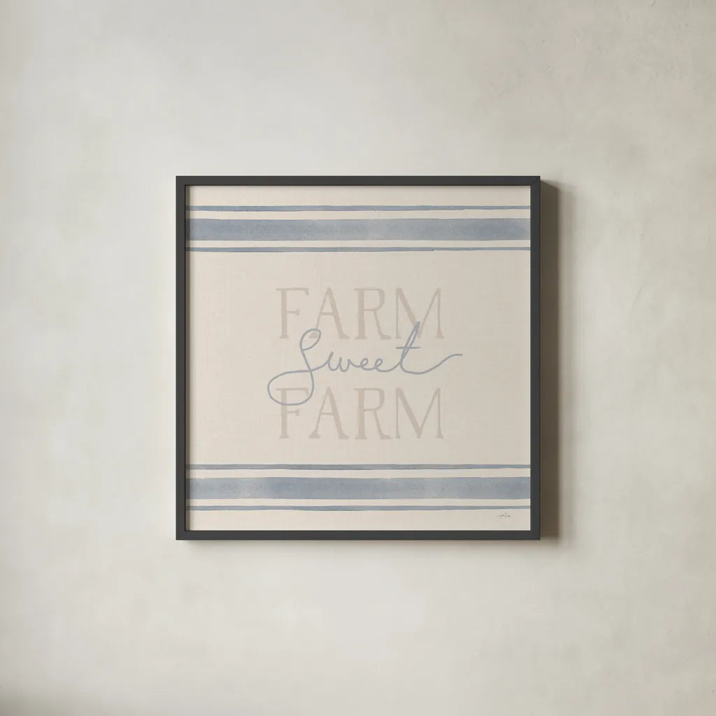 Sweet Farm I by Katrina Pete. Shown in a sleek black glass frame for a contemporary gallery look. Available as an archival giclee rolled canvas, fine art paper, or poster print. SKU 87297a.