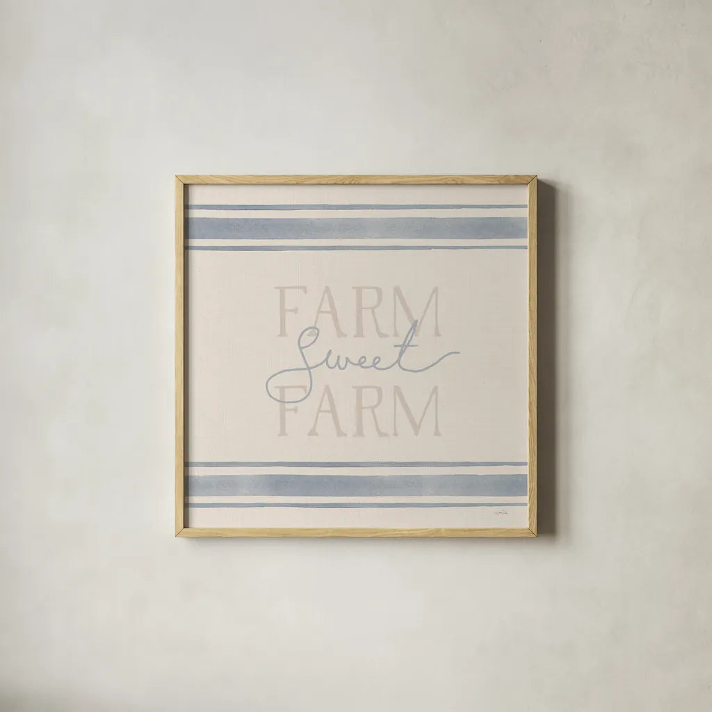 Sweet Farm I by Katrina Pete. Shown in a natural wood glass frame for a timeless modern aesthetic. Available as an archival giclee rolled canvas, fine art paper, or poster print. SKU 87297a.
