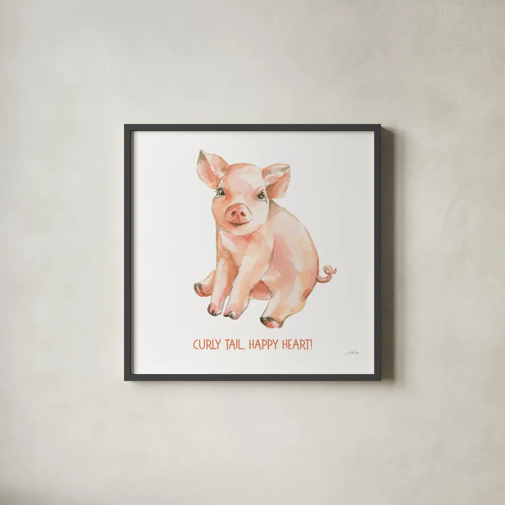 Sweet Piggy Sitting v2 by Katrina Pete. Shown in a sleek black glass frame for a contemporary gallery look. Available as an archival giclee rolled canvas, fine art paper, or poster print. SKU 101770a.