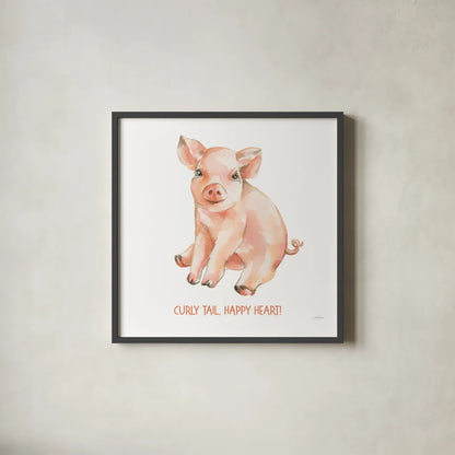 Sweet Piggy Sitting v2 by Katrina Pete. Shown in a sleek black glass frame for a contemporary gallery look. Available as an archival giclee rolled canvas, fine art paper, or poster print. SKU 101770a.