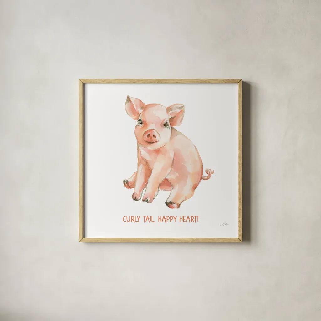 Sweet Piggy Sitting v2 by Katrina Pete. Shown in a natural wood glass frame for a timeless modern aesthetic. Available as an archival giclee rolled canvas, fine art paper, or poster print. SKU 101770a.