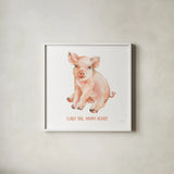 Sweet Piggy Sitting v2 by Katrina Pete. Shown in a crisp white glass frame for a clean and minimalist style. Available as an archival giclee rolled canvas, fine art paper, or poster print. SKU 101770a.