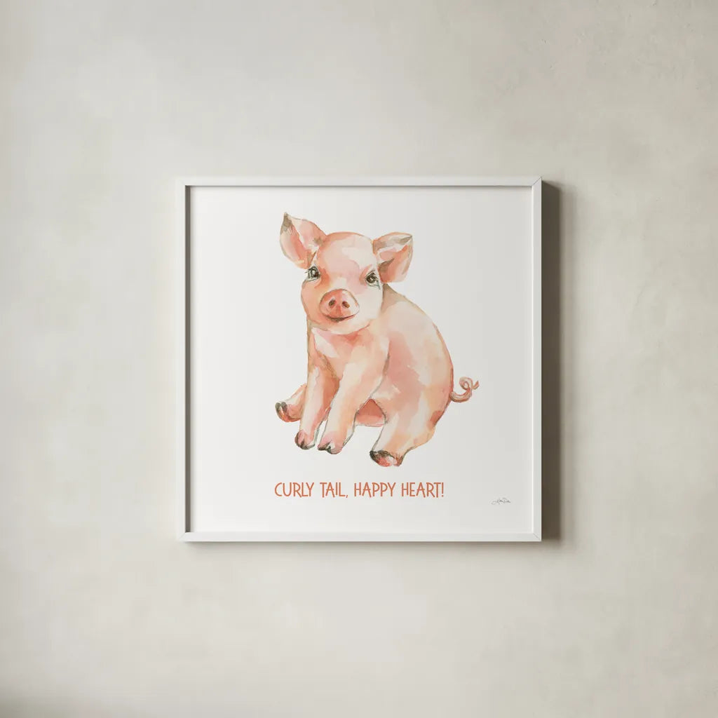 Sweet Piggy Sitting v2 by Katrina Pete. Shown in a crisp white glass frame for a clean and minimalist style. Available as an archival giclee rolled canvas, fine art paper, or poster print. SKU 101770a.