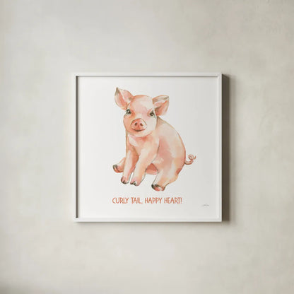 Sweet Piggy Sitting v2 by Katrina Pete. Shown in a crisp white glass frame for a clean and minimalist style. Available as an archival giclee rolled canvas, fine art paper, or poster print. SKU 101770a.