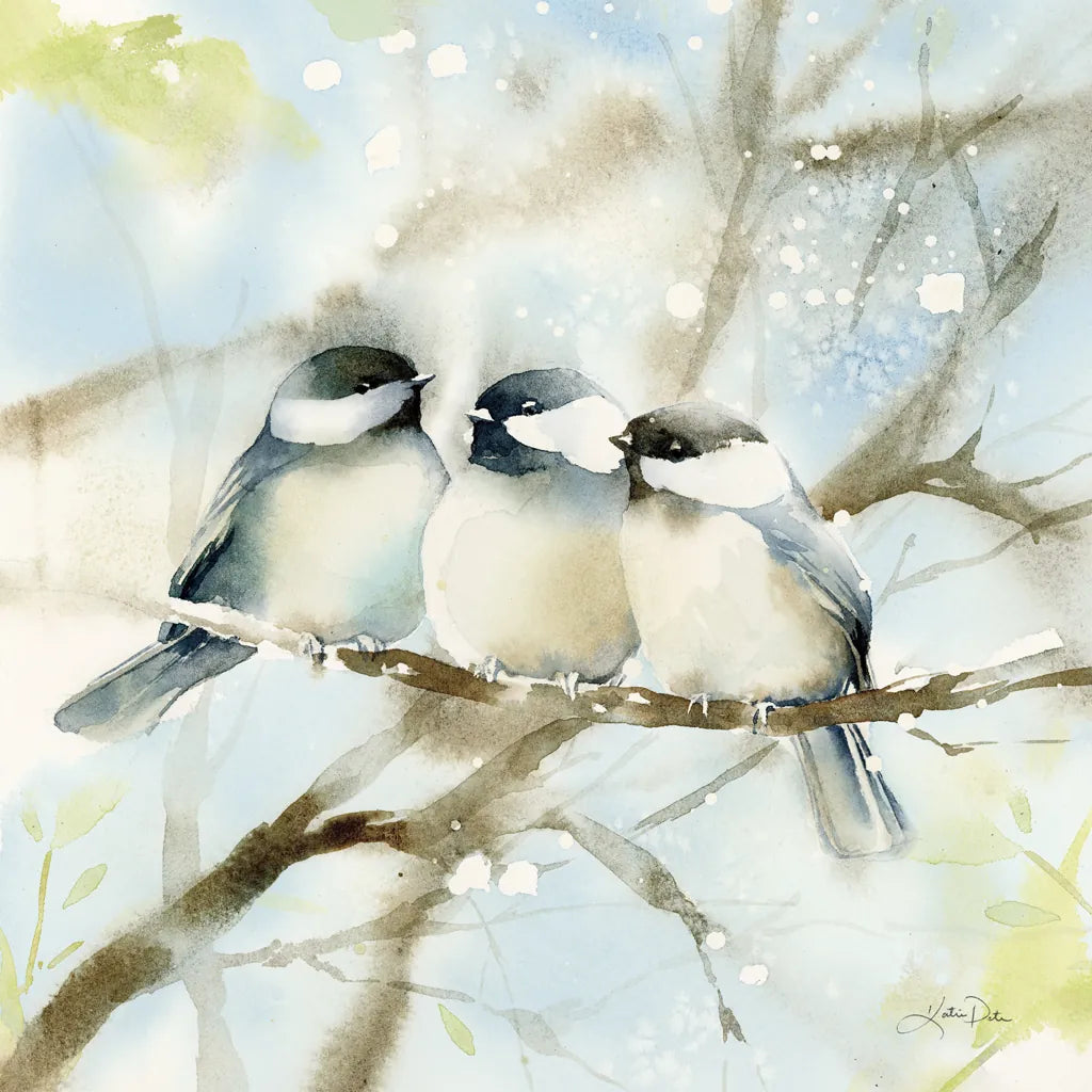 Three Chickadees in Spring Sq by Katrina Pete. SKU 76130a. Archival Giclee Fine art print for wall decor.