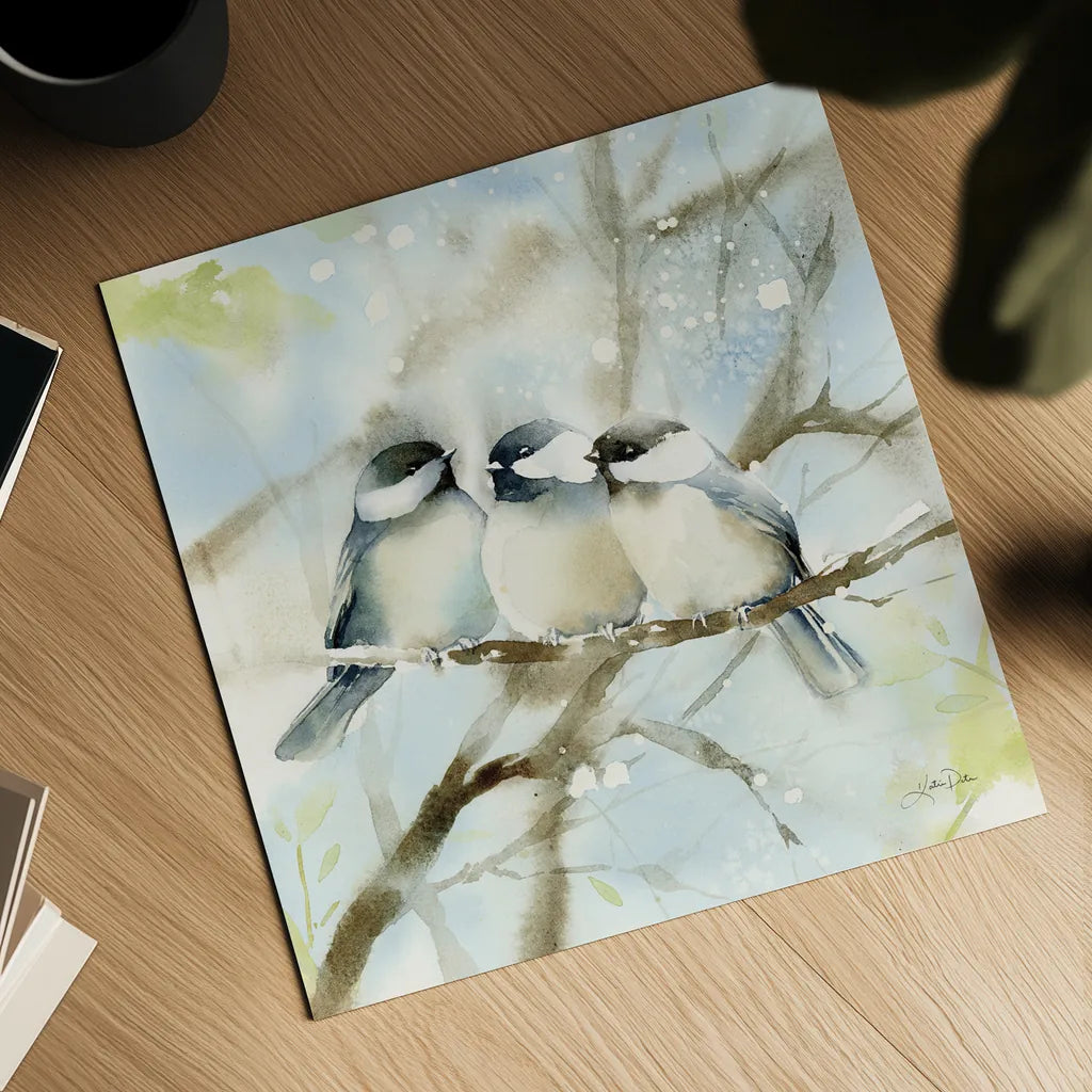 Three Chickadees in Spring Sq by Katrina Pete. Shown as a detailed flat fine art print, highlighting archival giclee quality. Available as an archival giclee rolled canvas, fine art paper, or poster print. SKU 76130a.