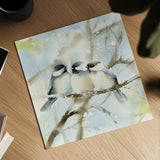 Three Chickadees in Spring Sq by Katrina Pete. Shown as a detailed flat fine art print, highlighting archival giclee quality. Available as an archival giclee rolled canvas, fine art paper, or poster print. SKU 76130a.