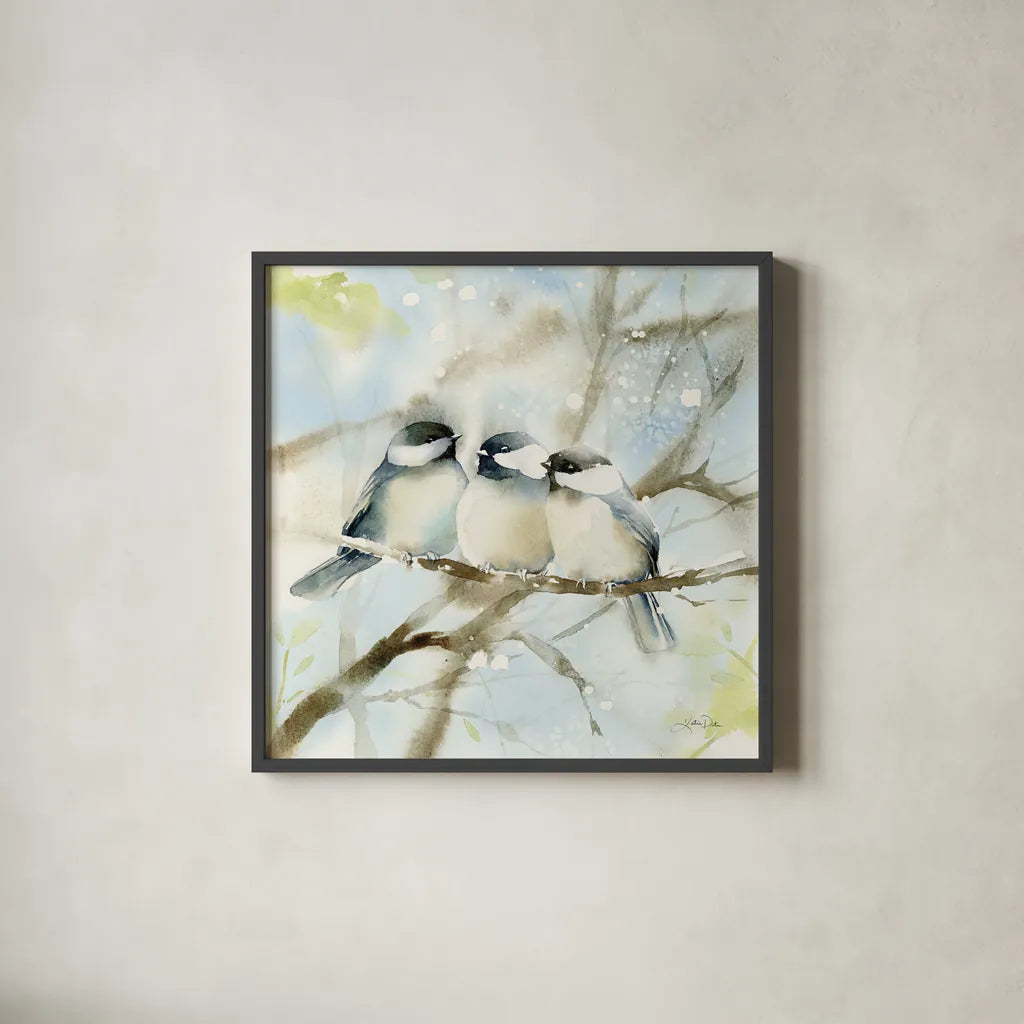 Three Chickadees in Spring Sq by Katrina Pete. Shown in a sleek black glass frame for a contemporary gallery look. Available as an archival giclee rolled canvas, fine art paper, or poster print. SKU 76130a.
