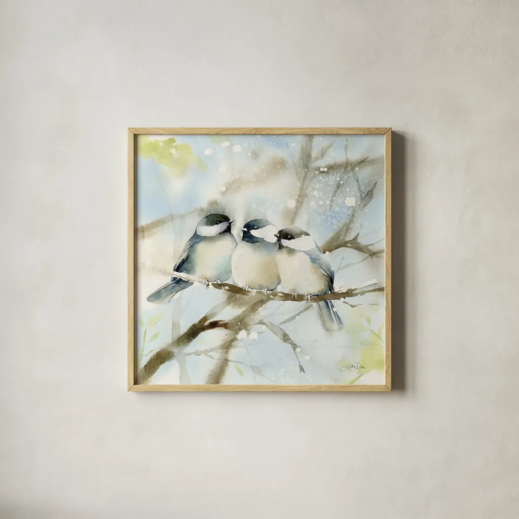 Three Chickadees in Spring Sq by Katrina Pete. Shown in a natural wood glass frame for a timeless modern aesthetic. Available as an archival giclee rolled canvas, fine art paper, or poster print. SKU 76130a.