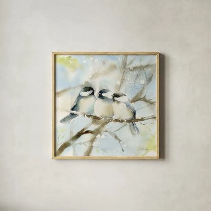 Three Chickadees in Spring Sq by Katrina Pete. Shown in a natural wood glass frame for a timeless modern aesthetic. Available as an archival giclee rolled canvas, fine art paper, or poster print. SKU 76130a.