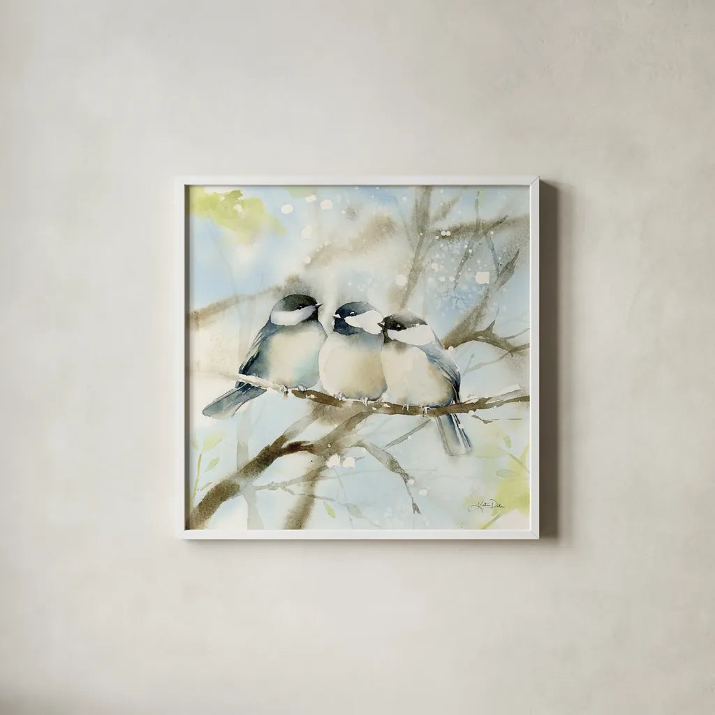 Three Chickadees in Spring Sq by Katrina Pete. Shown in a crisp white glass frame for a clean and minimalist style. Available as an archival giclee rolled canvas, fine art paper, or poster print. SKU 76130a.