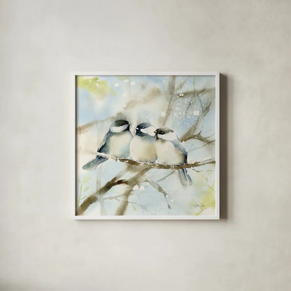 Three Chickadees in Spring Sq by Katrina Pete. Shown in a crisp white glass frame for a clean and minimalist style. Available as an archival giclee rolled canvas, fine art paper, or poster print. SKU 76130a.