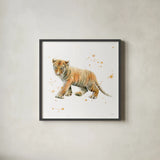 Tiger Cub by Katrina Pete. Shown in a sleek black glass frame for a contemporary gallery look. Available as an archival giclee rolled canvas, fine art paper, or poster print. SKU 66165a.