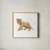 Tiger Cub by Katrina Pete. Shown in a natural wood glass frame for a timeless modern aesthetic. Available as an archival giclee rolled canvas, fine art paper, or poster print. SKU 66165a.