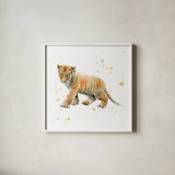 Tiger Cub by Katrina Pete. Shown in a crisp white glass frame for a clean and minimalist style. Available as an archival giclee rolled canvas, fine art paper, or poster print. SKU 66165a.