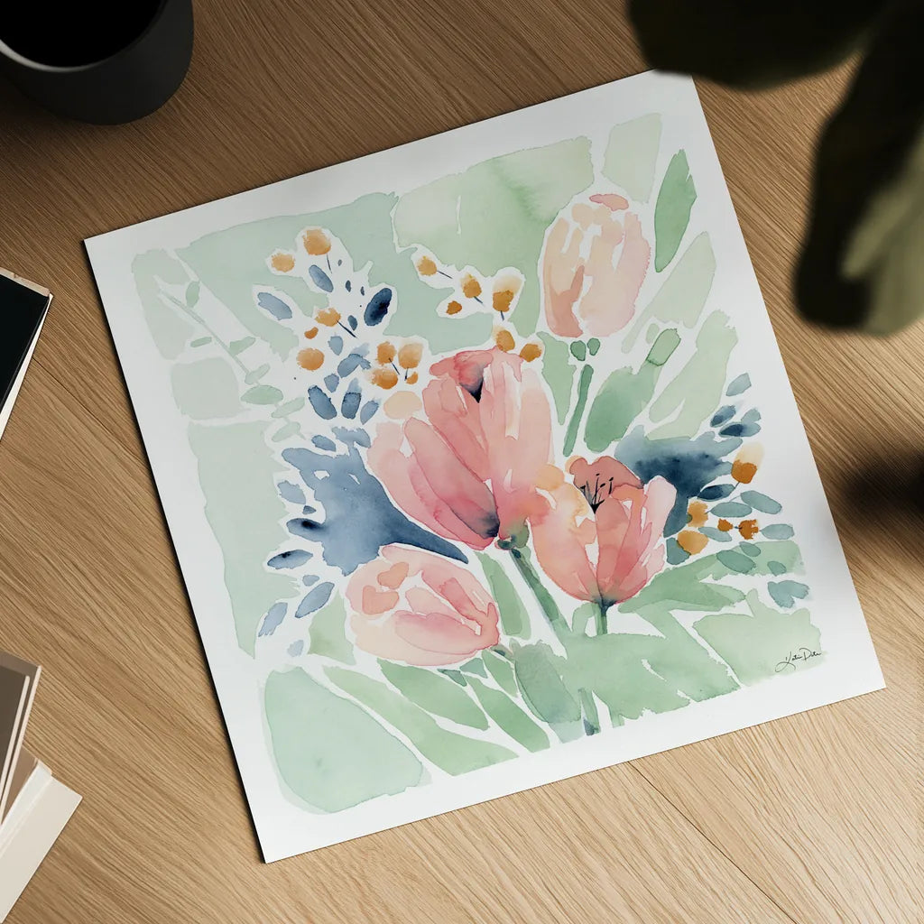 Tulip Bower by Katrina Pete. Shown as a detailed flat fine art print, highlighting archival giclee quality. Available as an archival giclee rolled canvas, fine art paper, or poster print. SKU 71755a.