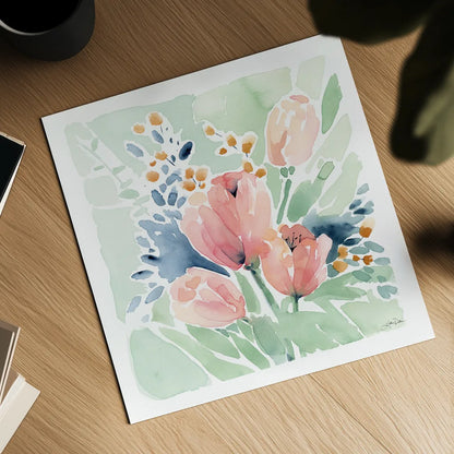 Tulip Bower by Katrina Pete. Shown as a detailed flat fine art print, highlighting archival giclee quality. Available as an archival giclee rolled canvas, fine art paper, or poster print. SKU 71755a.
