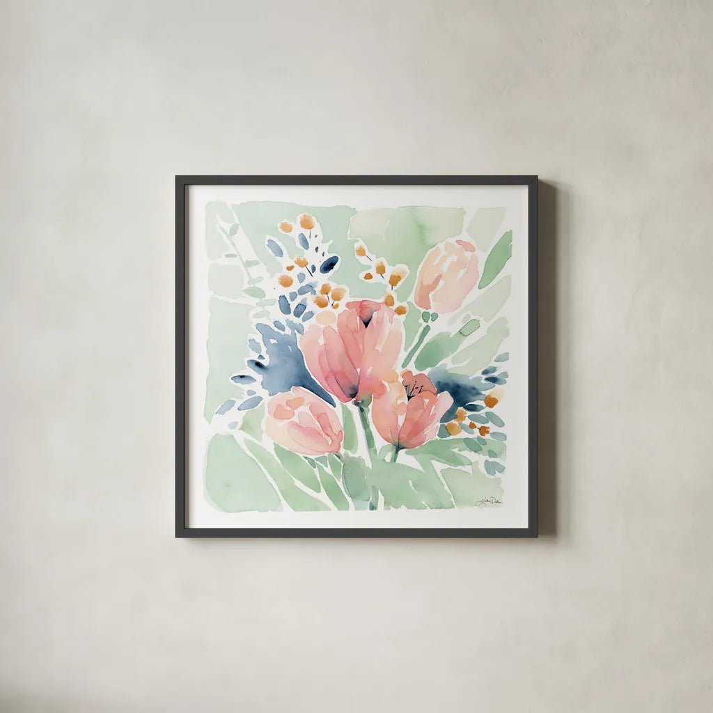 Tulip Bower by Katrina Pete. Shown in a sleek black glass frame for a contemporary gallery look. Available as an archival giclee rolled canvas, fine art paper, or poster print. SKU 71755a.