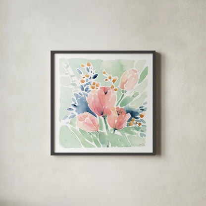 Tulip Bower by Katrina Pete. Shown in a sleek black glass frame for a contemporary gallery look. Available as an archival giclee rolled canvas, fine art paper, or poster print. SKU 71755a.