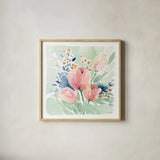 Tulip Bower by Katrina Pete. Shown in a natural wood glass frame for a timeless modern aesthetic. Available as an archival giclee rolled canvas, fine art paper, or poster print. SKU 71755a.