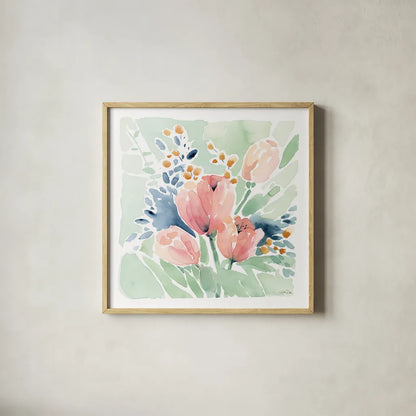 Tulip Bower by Katrina Pete. Shown in a natural wood glass frame for a timeless modern aesthetic. Available as an archival giclee rolled canvas, fine art paper, or poster print. SKU 71755a.