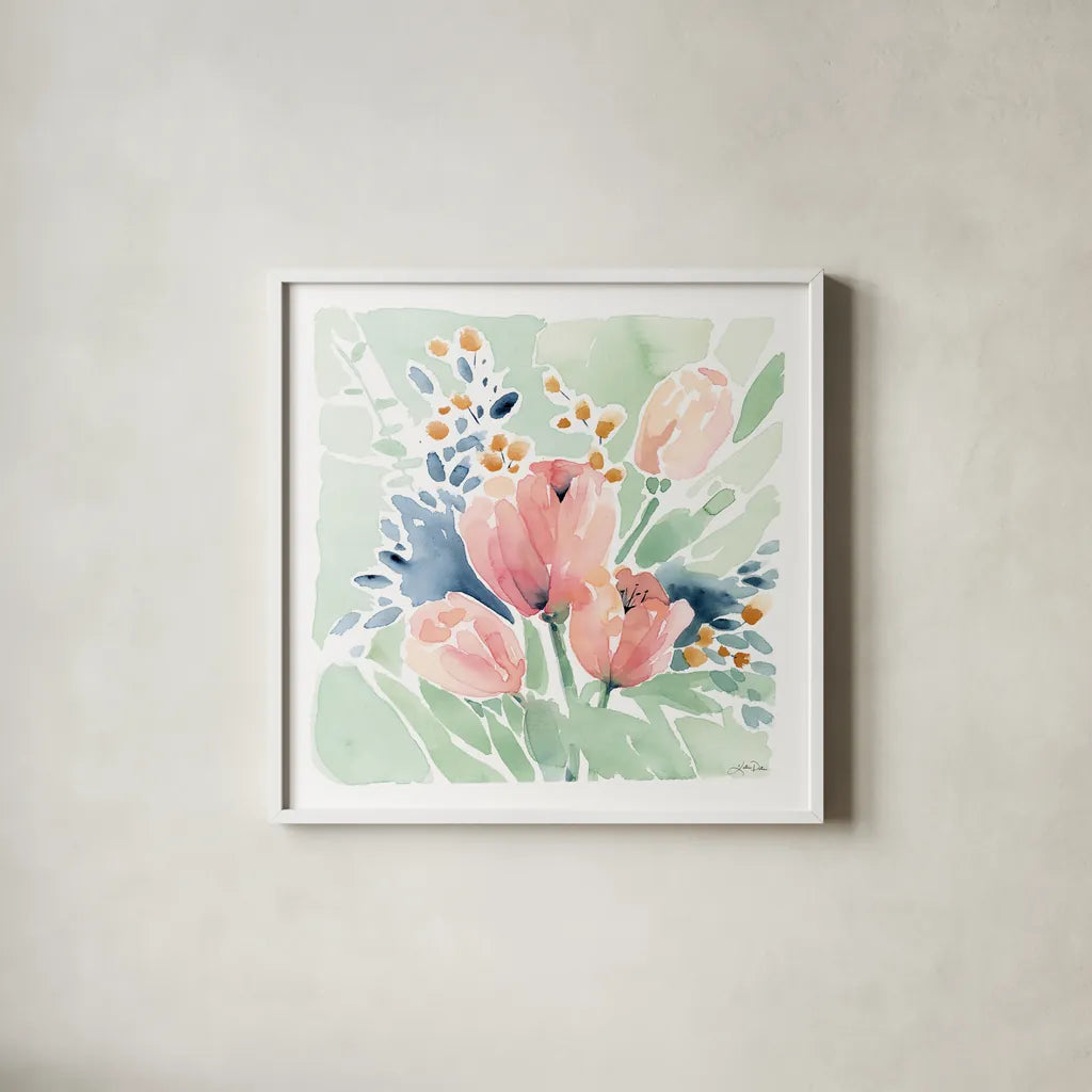 Tulip Bower by Katrina Pete. Shown in a crisp white glass frame for a clean and minimalist style. Available as an archival giclee rolled canvas, fine art paper, or poster print. SKU 71755a.