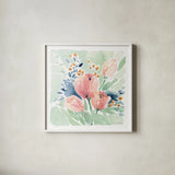 Tulip Bower by Katrina Pete. Shown in a crisp white glass frame for a clean and minimalist style. Available as an archival giclee rolled canvas, fine art paper, or poster print. SKU 71755a.