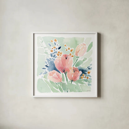 Tulip Bower by Katrina Pete. Shown in a crisp white glass frame for a clean and minimalist style. Available as an archival giclee rolled canvas, fine art paper, or poster print. SKU 71755a.