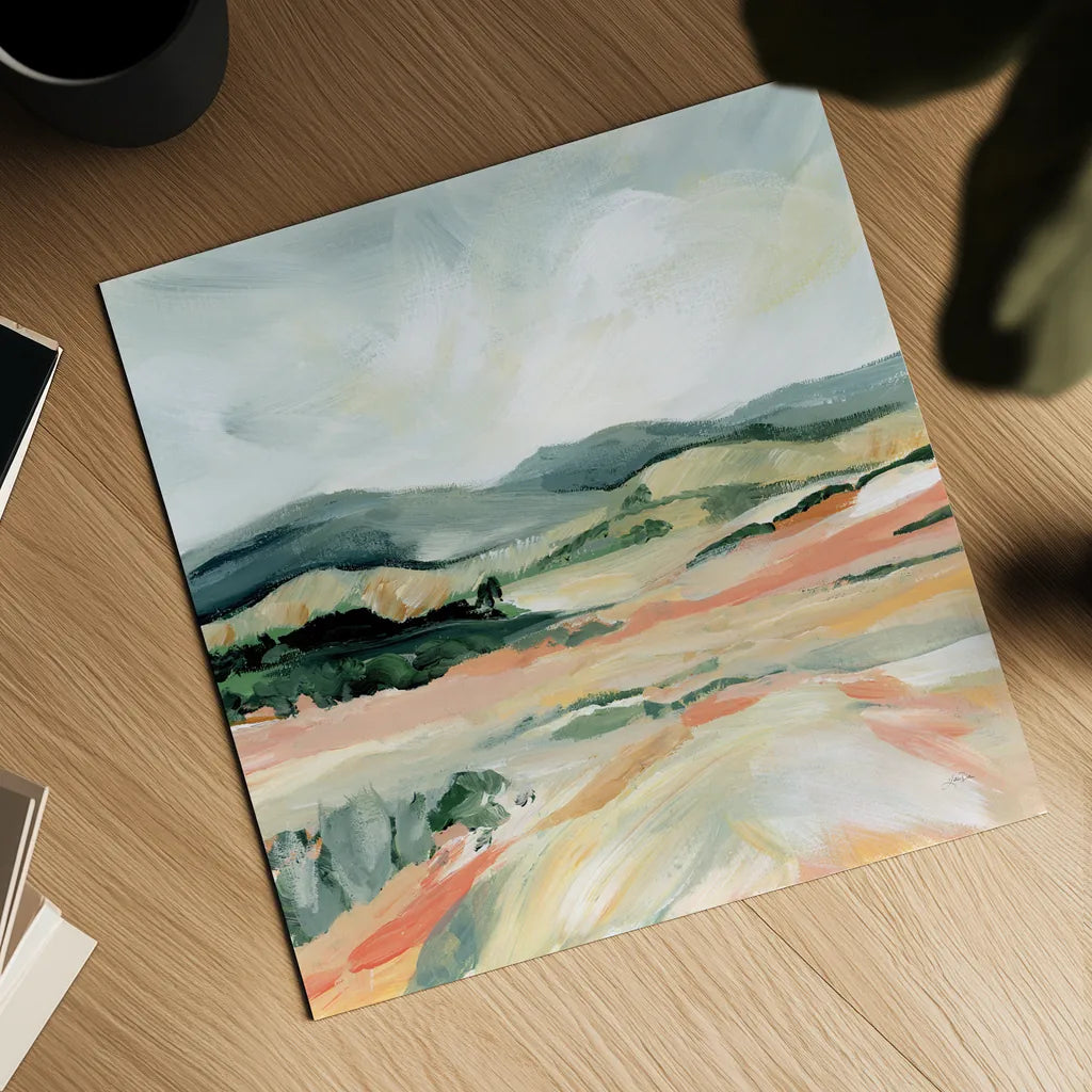 Vermillion Landscape I by Katrina Pete. Shown as a detailed flat fine art print, highlighting archival giclee quality. Available as an archival giclee rolled canvas, fine art paper, or poster print. SKU 65941a.