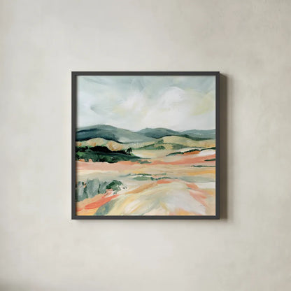 Vermillion Landscape I by Katrina Pete. Shown in a sleek black glass frame for a contemporary gallery look. Available as an archival giclee rolled canvas, fine art paper, or poster print. SKU 65941a.