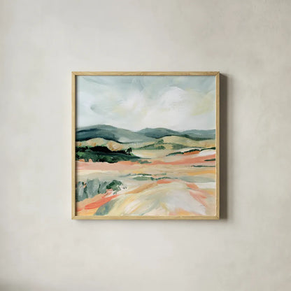 Vermillion Landscape I by Katrina Pete. Shown in a natural wood glass frame for a timeless modern aesthetic. Available as an archival giclee rolled canvas, fine art paper, or poster print. SKU 65941a.