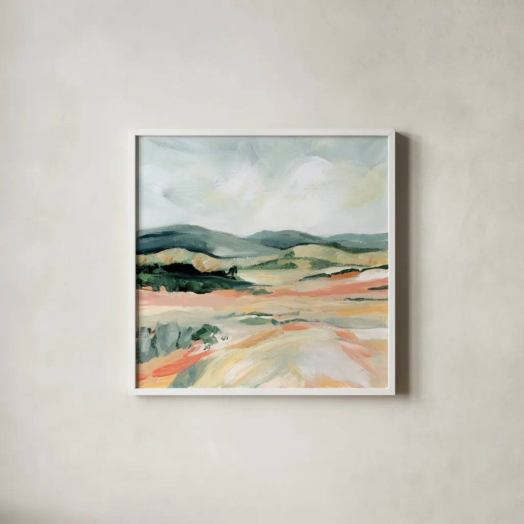 Vermillion Landscape I by Katrina Pete. Shown in a crisp white glass frame for a clean and minimalist style. Available as an archival giclee rolled canvas, fine art paper, or poster print. SKU 65941a.