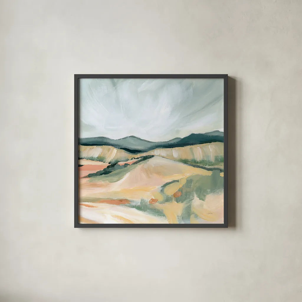 Vermillion Landscape II by Katrina Pete. Shown in a sleek black glass frame for a contemporary gallery look. Available as an archival giclee rolled canvas, fine art paper, or poster print. SKU 65942a.