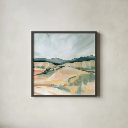Vermillion Landscape II by Katrina Pete. Shown in a sleek black glass frame for a contemporary gallery look. Available as an archival giclee rolled canvas, fine art paper, or poster print. SKU 65942a.