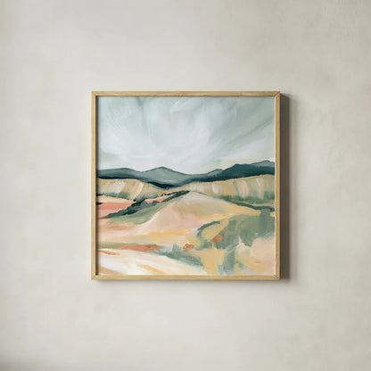 Vermillion Landscape II by Katrina Pete. Shown in a natural wood glass frame for a timeless modern aesthetic. Available as an archival giclee rolled canvas, fine art paper, or poster print. SKU 65942a.