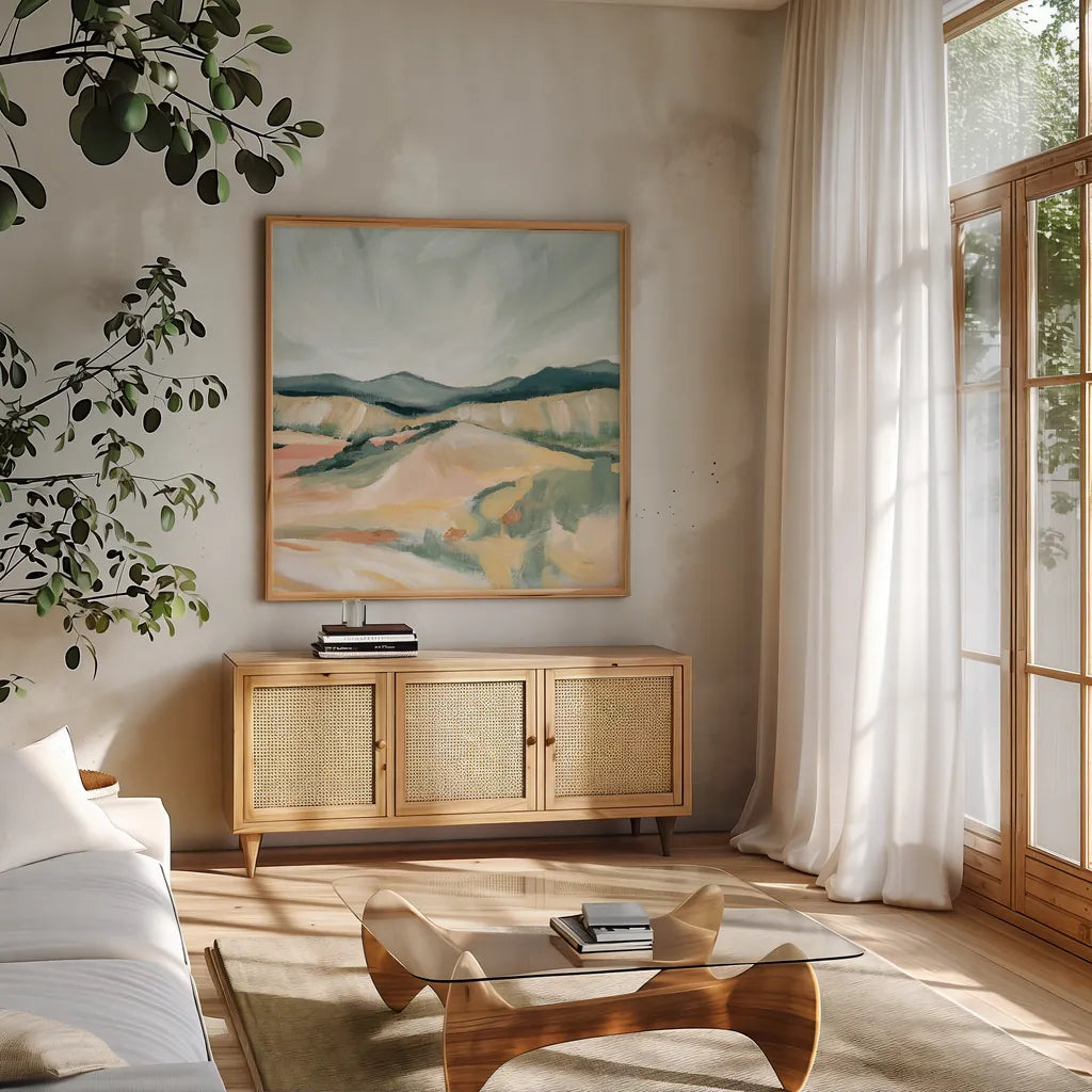 Vermillion Landscape II by Katrina Pete. Shown in a natural wood frame in a cozy modern living room. Available as an archival giclee rolled canvas, fine art paper, or poster print. SKU 65942a.