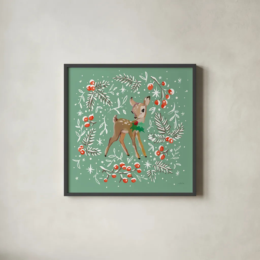 Vintage Christmas I by Katrina Pete. Shown in a sleek black glass frame for a contemporary gallery look. Available as an archival giclee rolled canvas, fine art paper, or poster print. SKU 101673a.