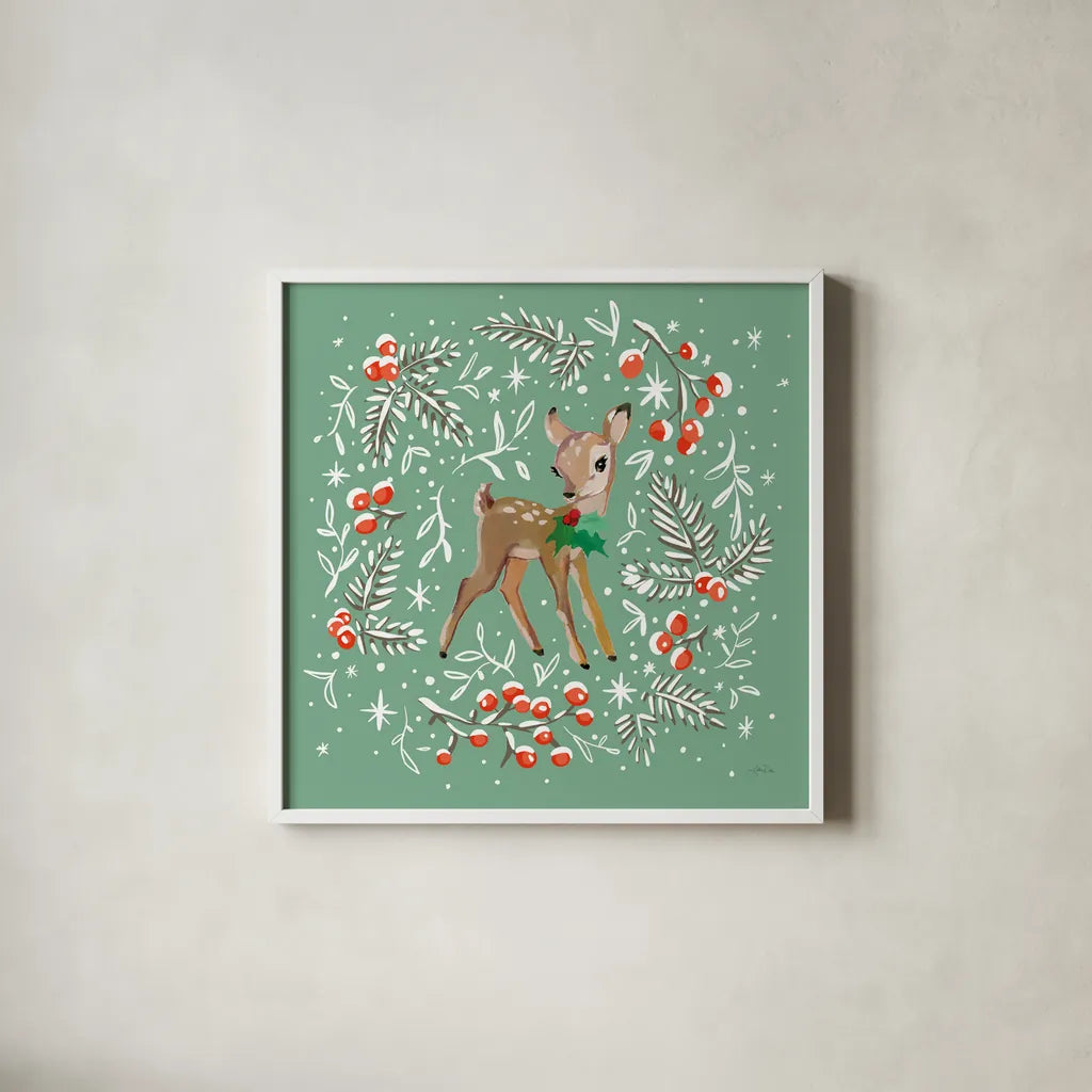 Vintage Christmas I by Katrina Pete. Shown in a crisp white glass frame for a clean and minimalist style. Available as an archival giclee rolled canvas, fine art paper, or poster print. SKU 101673a.