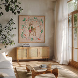 Vintage Christmas II by Katrina Pete. Shown in a natural wood frame in a cozy modern living room. Available as an archival giclee rolled canvas, fine art paper, or poster print. SKU 101674a.