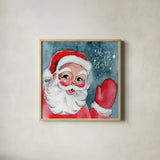 Vintage Santa by Katrina Pete. Shown in a natural wood glass frame for a timeless modern aesthetic. Available as an archival giclee rolled canvas, fine art paper, or poster print. SKU 102495a.