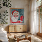 Vintage Santa by Katrina Pete. Shown in a natural wood frame in a cozy modern living room. Available as an archival giclee rolled canvas, fine art paper, or poster print. SKU 102495a.