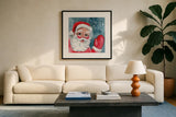 Vintage Santa by Katrina Pete. Displayed in a glass frame with matte in a clean modern living room. Available as an archival giclee rolled canvas, fine art paper, or poster print. SKU 102495a.