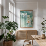Water Lily I by Katrina Pete. shown as a print in a natural wood frame in a dining room. Available as a archival giclee rolled canvas, fine art paper, or poster print. SKU 77659h.
