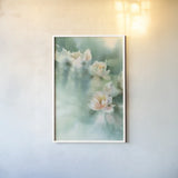 Water Lily I by Katrina Pete. shown as a paper print in a white frame. Available as a archival giclee rolled canvas, fine art paper, or poster print. SKU 77659h.