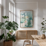 Water Lily II by Katrina Pete. shown as a print in a natural wood frame in a dining room. Available as a archival giclee rolled canvas, fine art paper, or poster print. SKU 77660h.