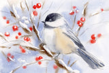 Watercolor Chickadee by Katrina Pete. SKU 102529i. Archival Giclee Fine art print for wall decor.